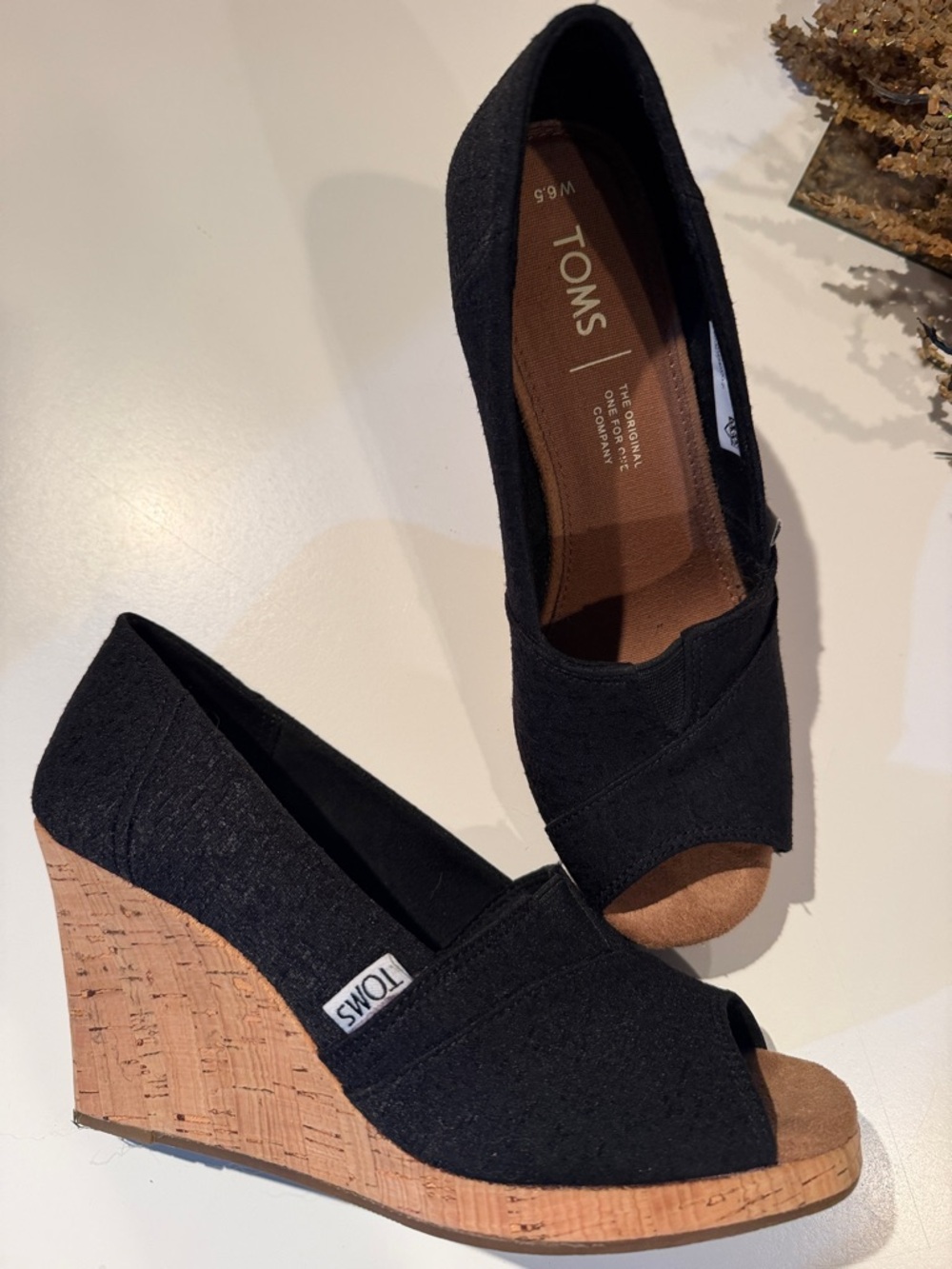 Toms Black Canvas Peep-Toe Cork Wedges